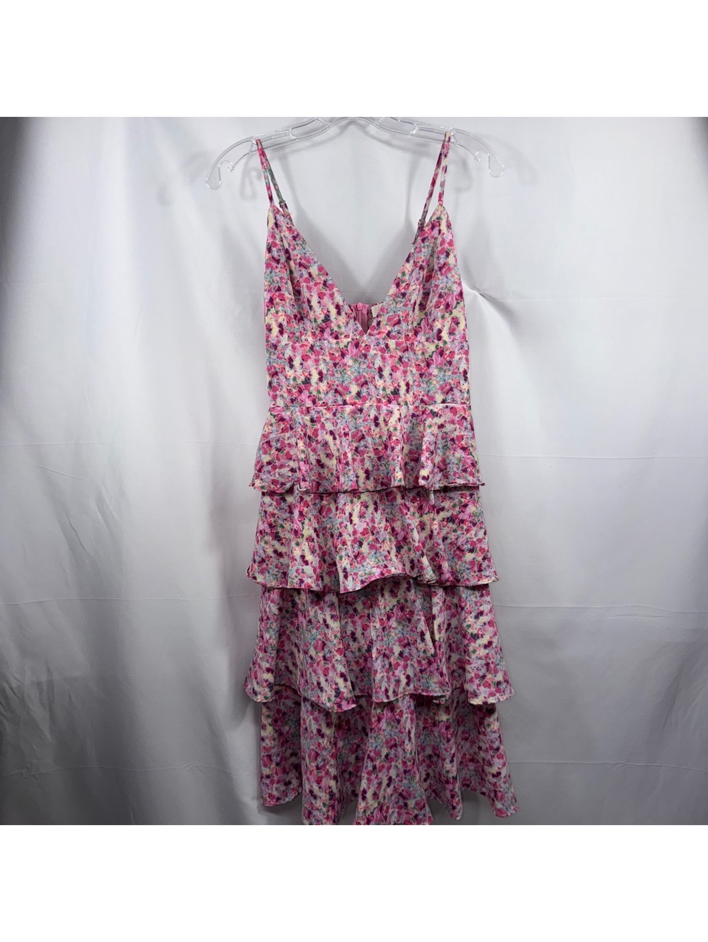 Fanco Pink Floral Tiered Ruffle Midi Dress large